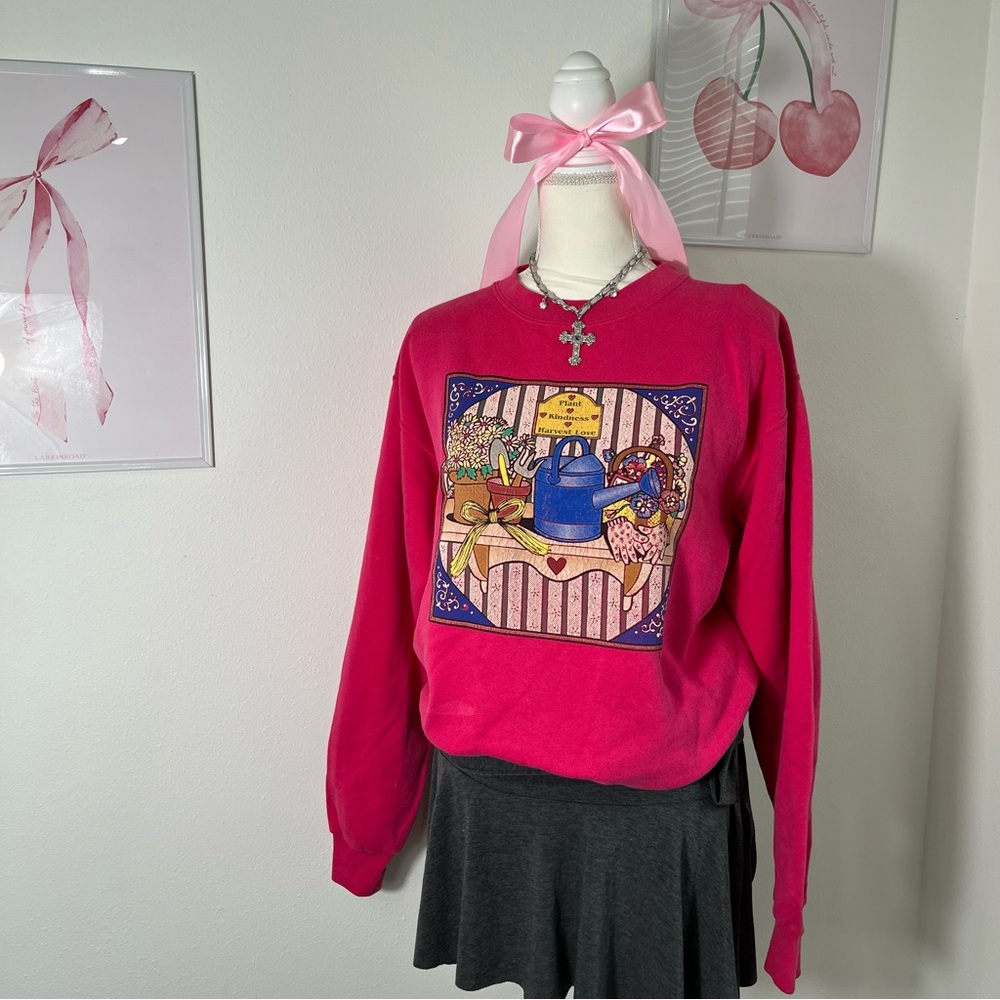 Vintage 90s Grandma Plant Gardener Hot Pink Crewneck Sweater Womens‎ Medium